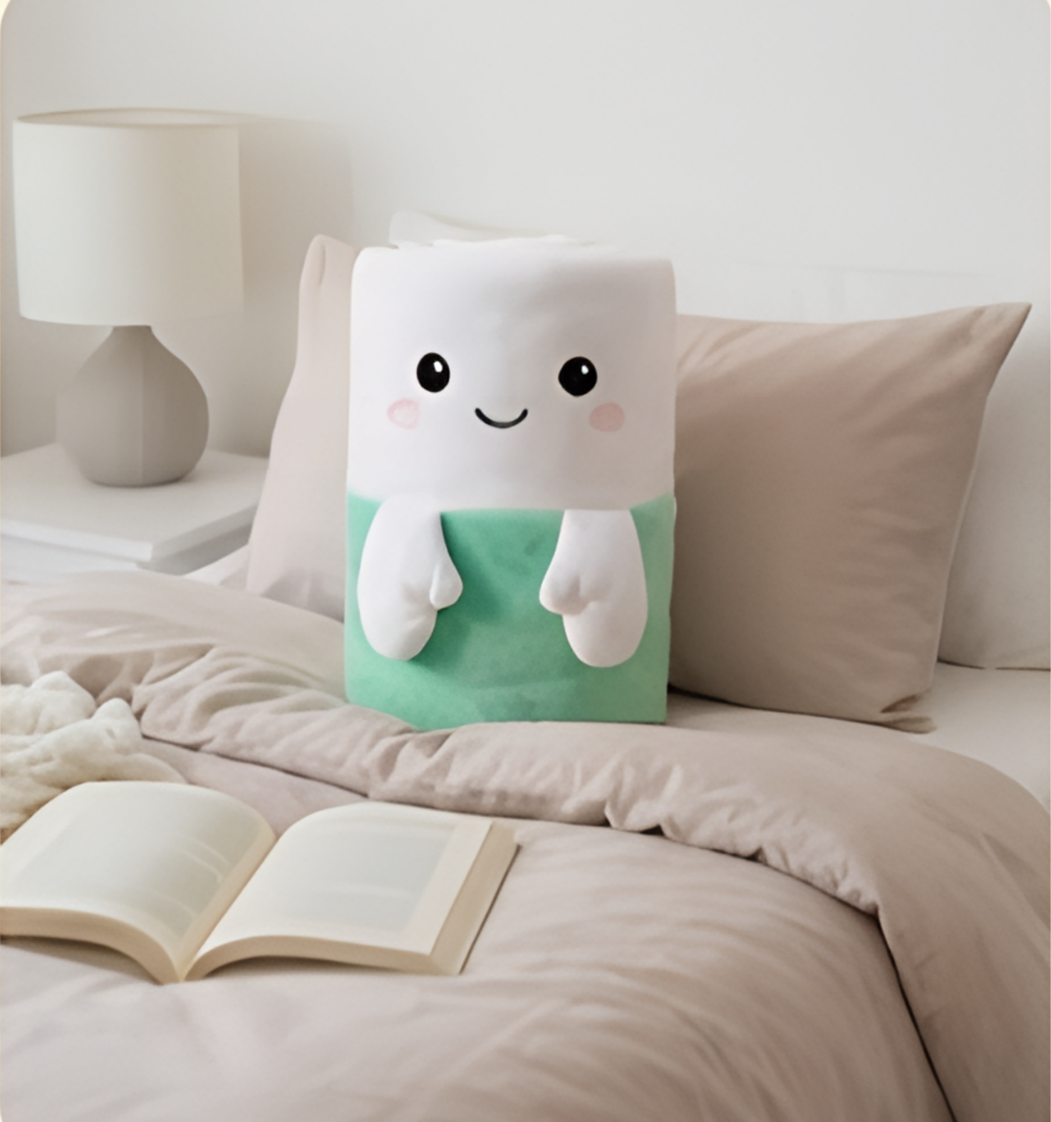 Snugo on bed with book