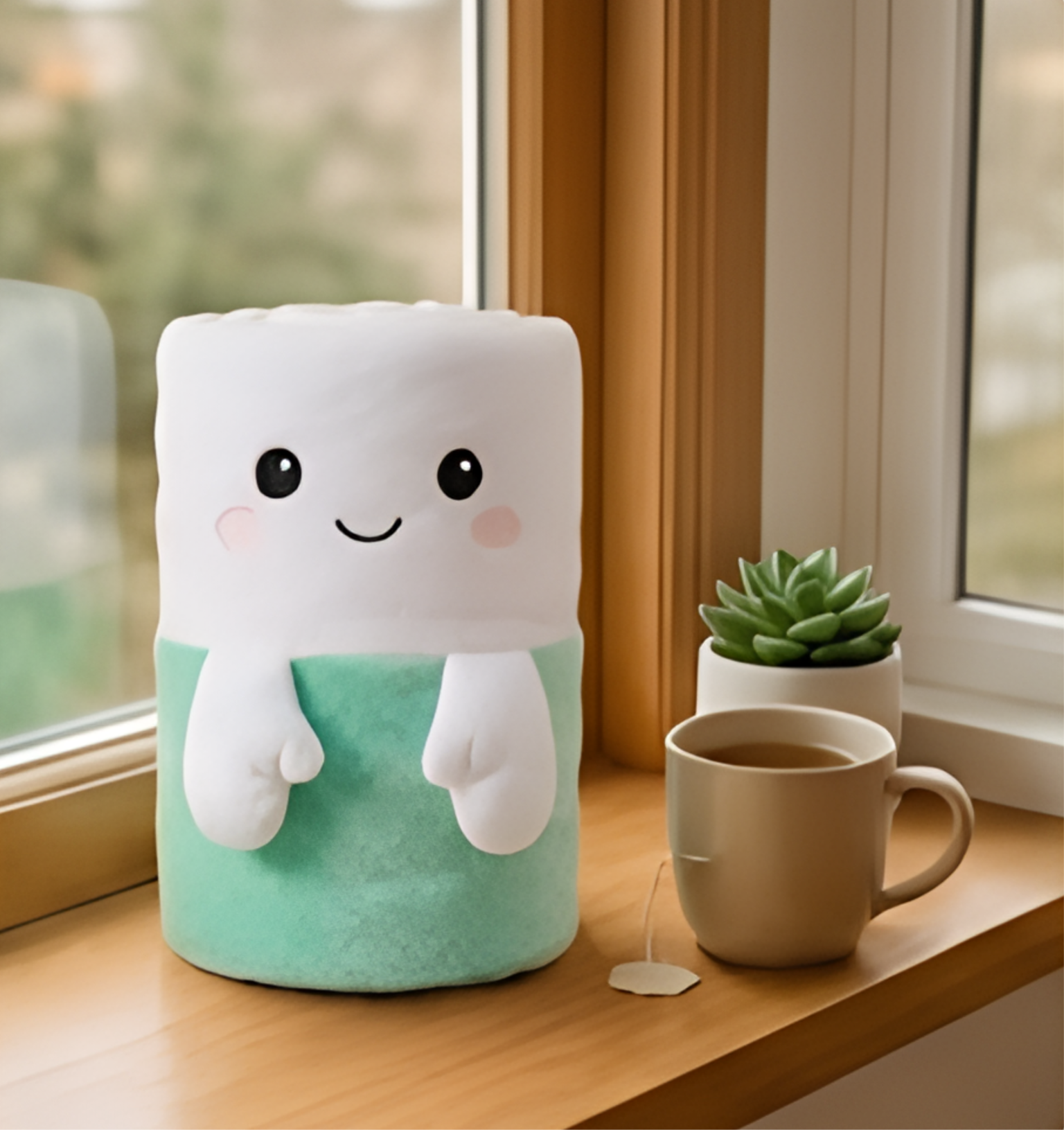 Snugo plushie on windowsill