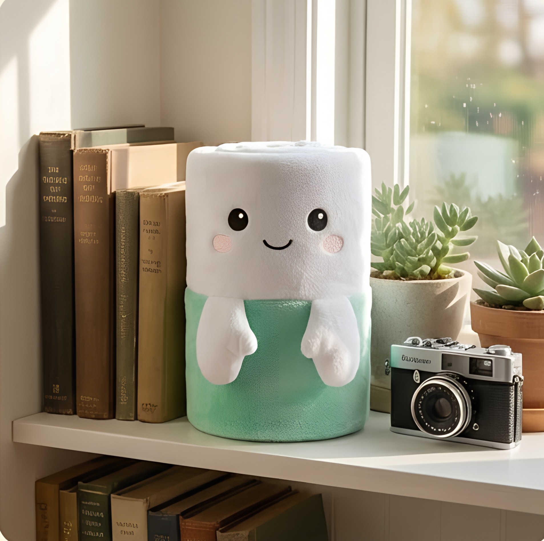 Snugo on shelf with books